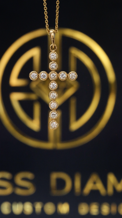 Natural Round Diamond Cross Pendant Necklace in 14K Yellow Gold | Bezel-Set Diamond Drop Cross