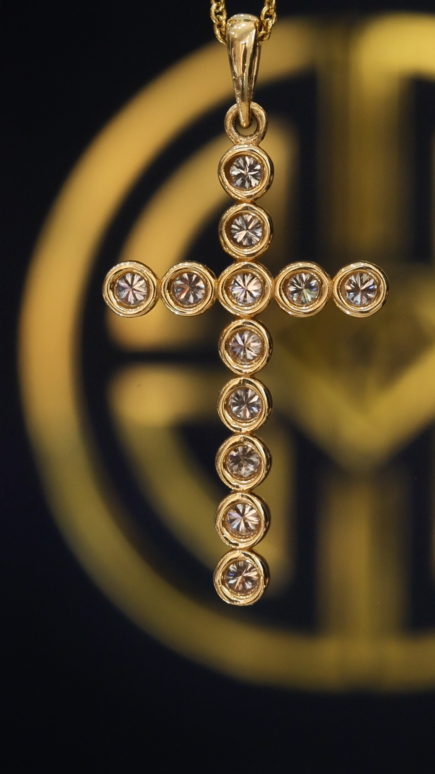 Natural Round Diamond Cross Pendant Necklace in 14K Yellow Gold | Bezel-Set Diamond Drop Cross