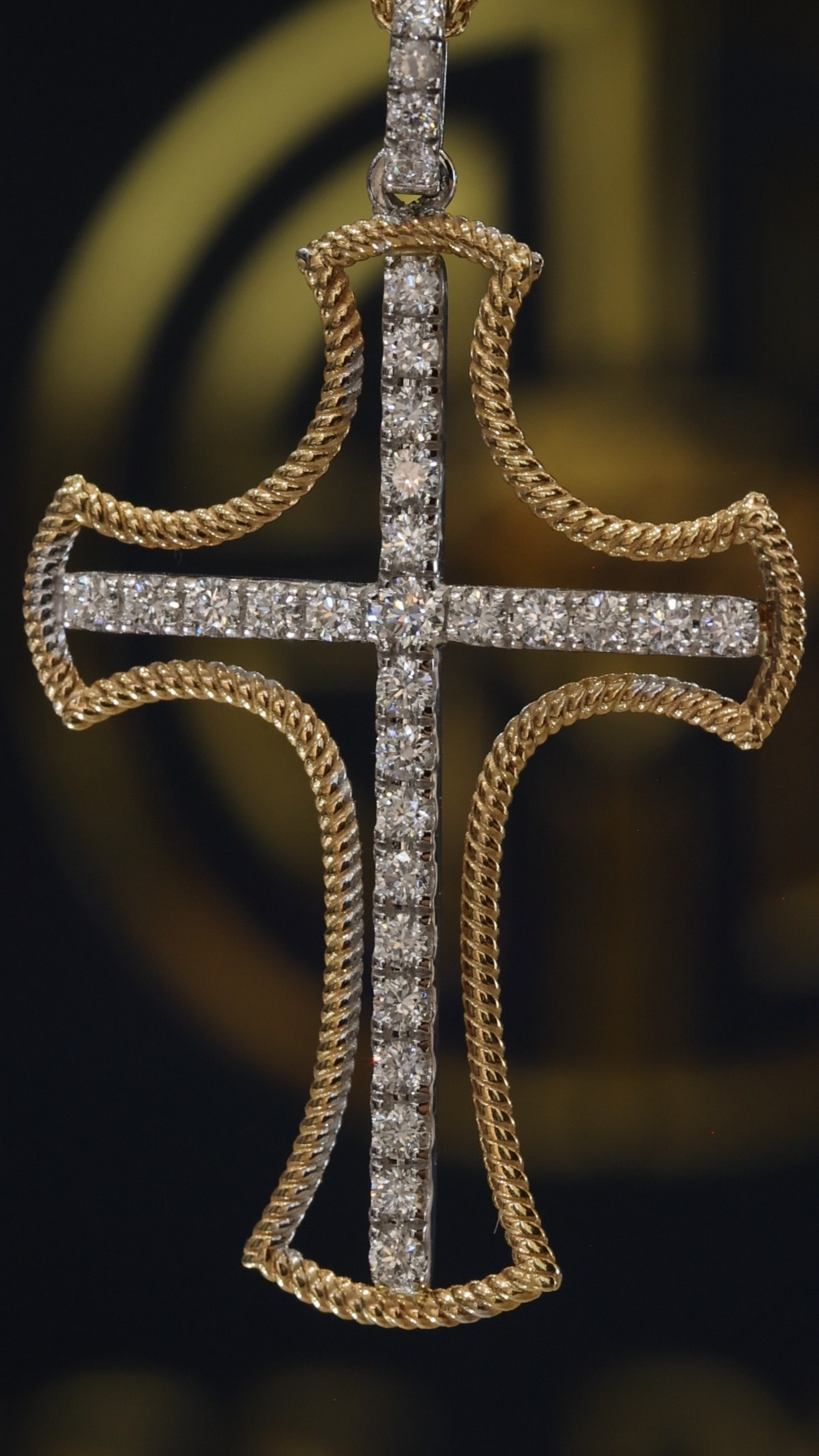Natural Diamond Rope Cross Necklace in Yellow Gold | Pavé Cross Pendant