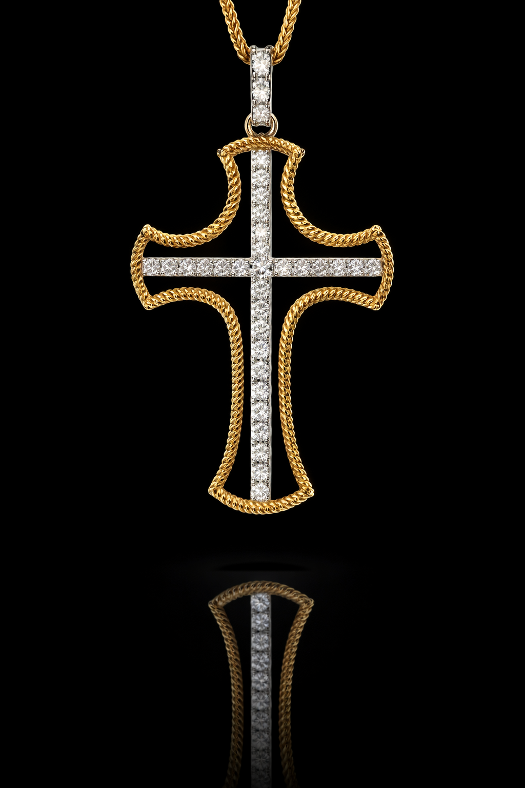 Natural Diamond Rope Cross Necklace in Yellow Gold | Pavé Cross Pendant