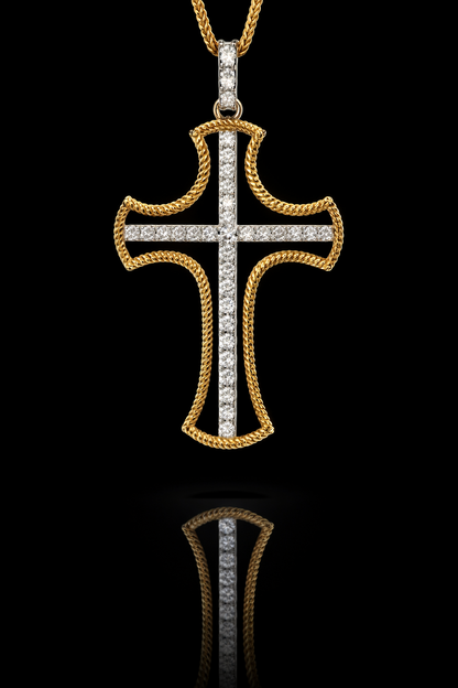 Natural Diamond Rope Cross Necklace in Yellow Gold | Pavé Cross Pendant