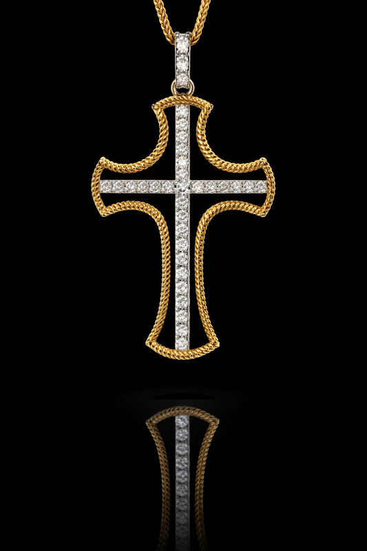 Natural Diamond Rope Cross Necklace in Yellow Gold | Pavé Cross Pendant