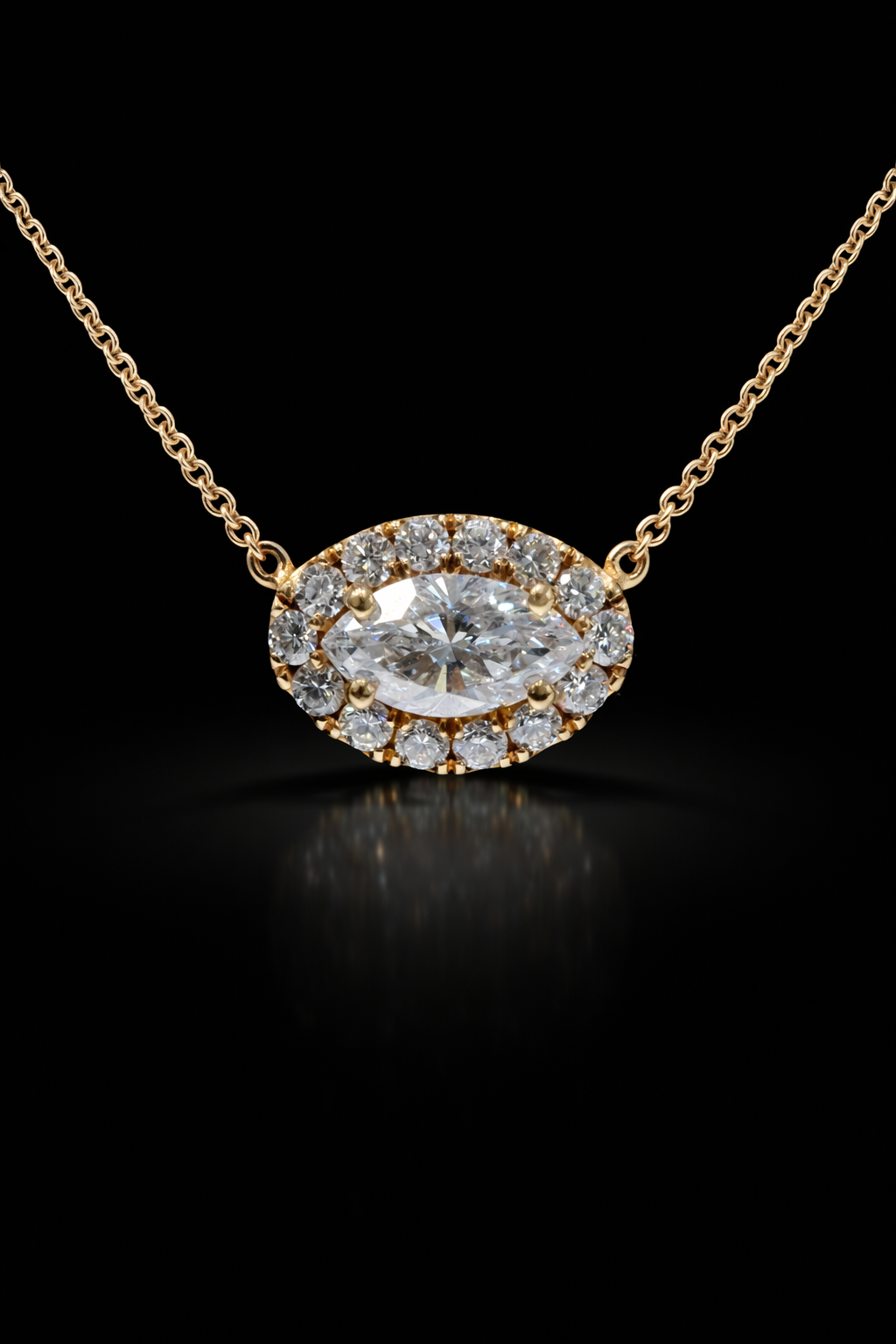 Natural Marquise Diamond Halo Pendant Necklace in 14K Yellow Gold | Round Brilliant Diamond Accent