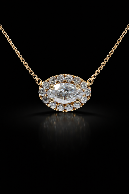 Natural Marquise Diamond Halo Pendant Necklace in 14K Yellow Gold | Round Brilliant Diamond Accent