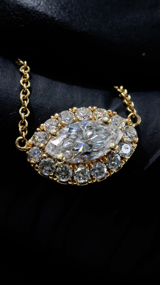 Natural Marquise Diamond Halo Pendant Necklace in 14K Yellow Gold | Round Brilliant Diamond Accent