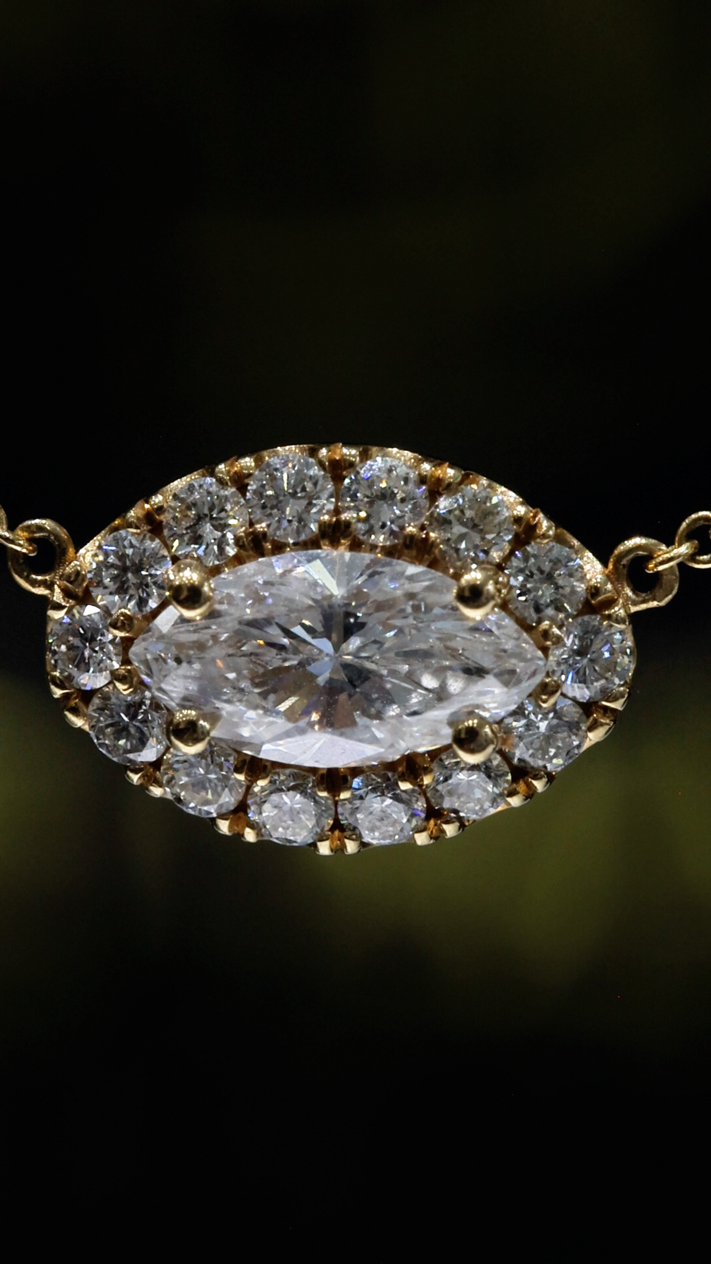 Natural Marquise Diamond Halo Pendant Necklace in 14K Yellow Gold | Round Brilliant Diamond Accent
