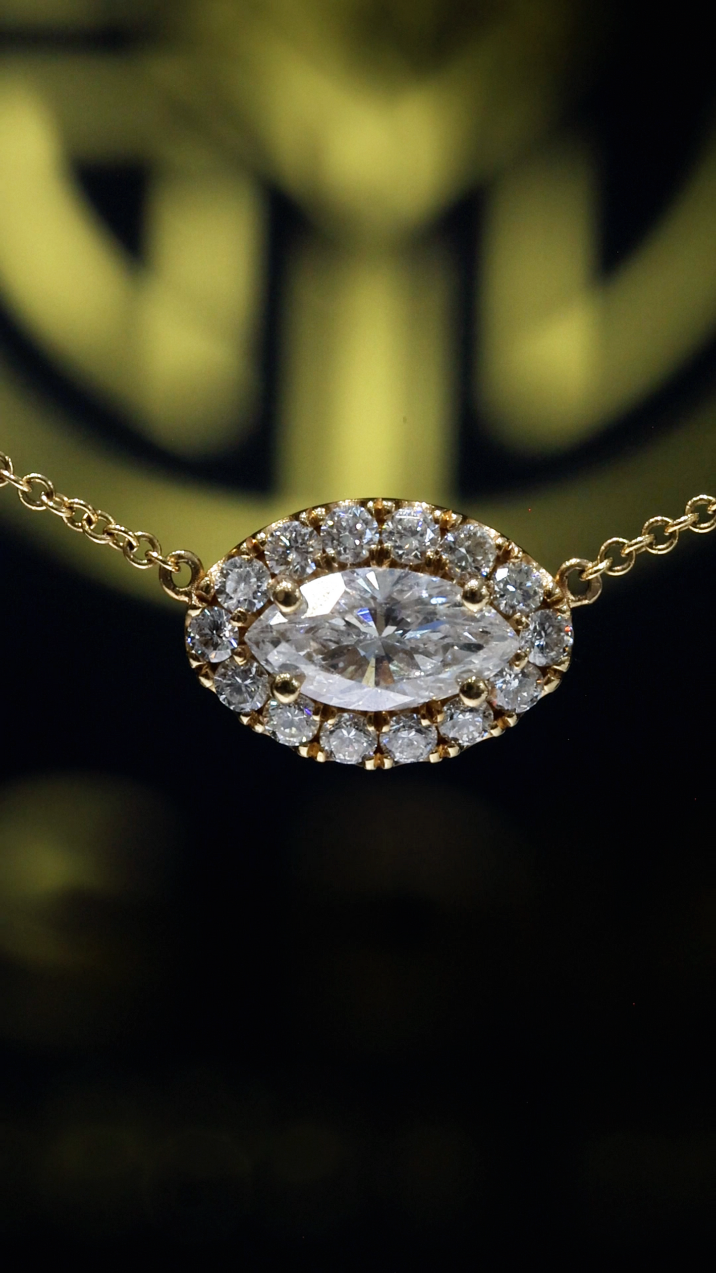 Natural Marquise Diamond Halo Pendant Necklace in 14K Yellow Gold | Round Brilliant Diamond Accent