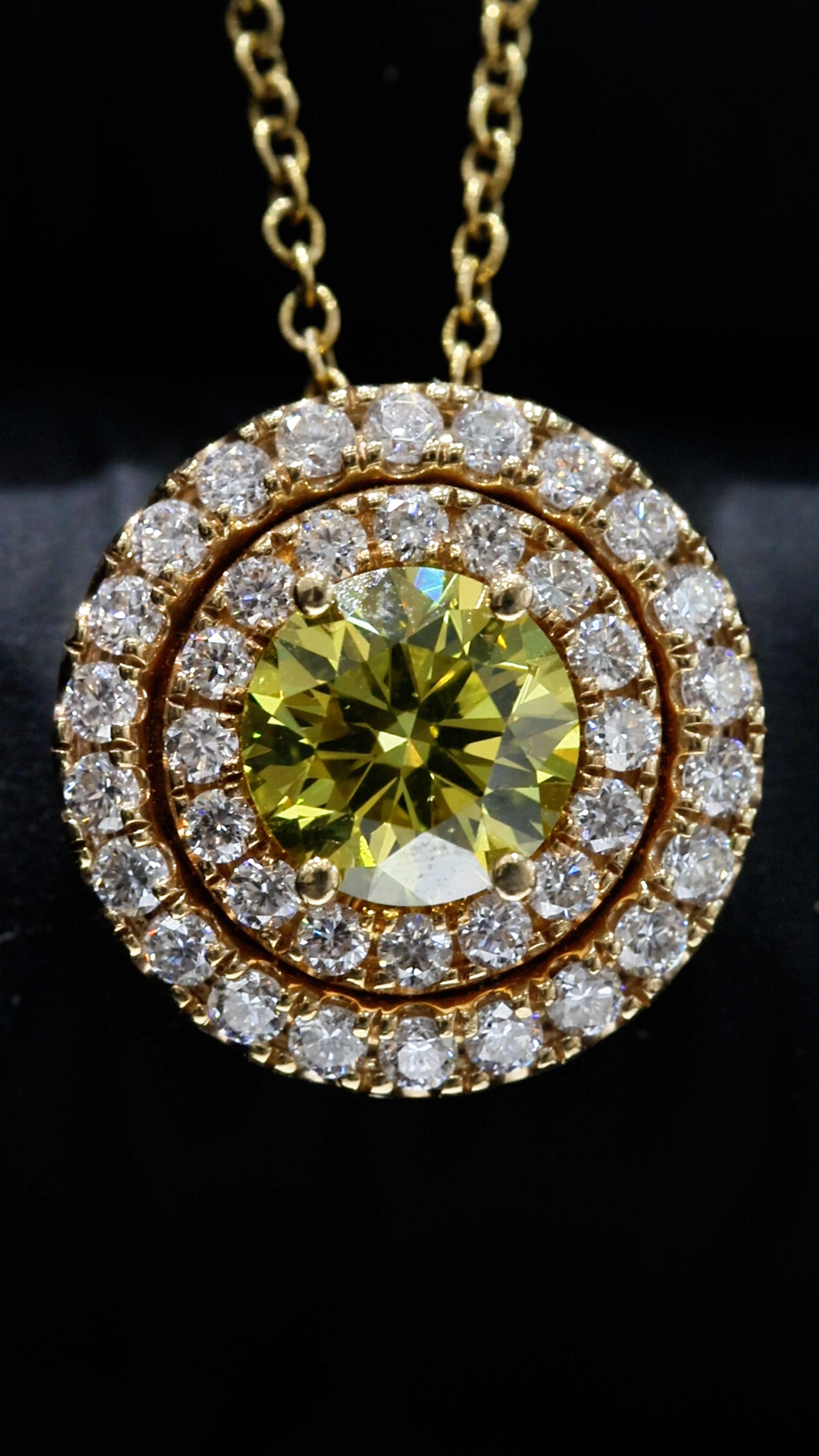 Fancy Yellow Diamond Halo Necklace in Yellow Gold | Floral Openwork Design