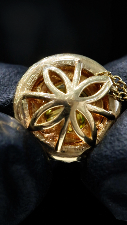 Fancy Yellow Diamond Halo Necklace in Yellow Gold | Floral Openwork Design