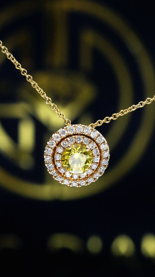 Fancy Yellow Diamond Halo Necklace in Yellow Gold | Floral Openwork Design