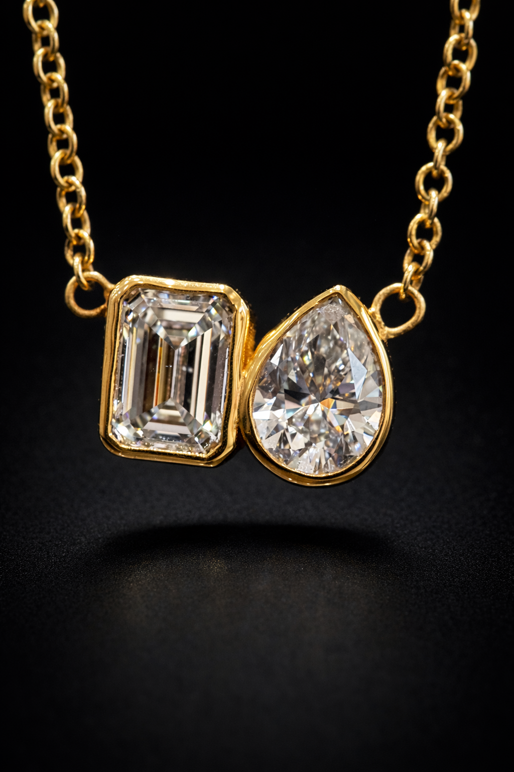 Natural Diamond Duo Pendant Necklace in Yellow Gold | Emerald & Pear Bezel Design