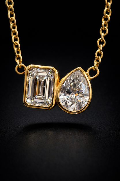 Natural Diamond Duo Pendant Necklace in Yellow Gold | Emerald & Pear Bezel Design