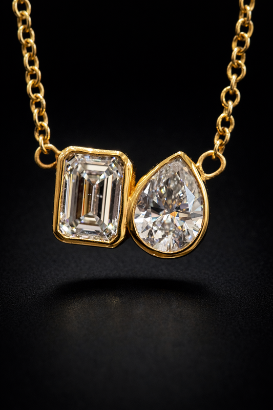Natural Diamond Duo Pendant Necklace in Yellow Gold | Emerald & Pear Bezel Design