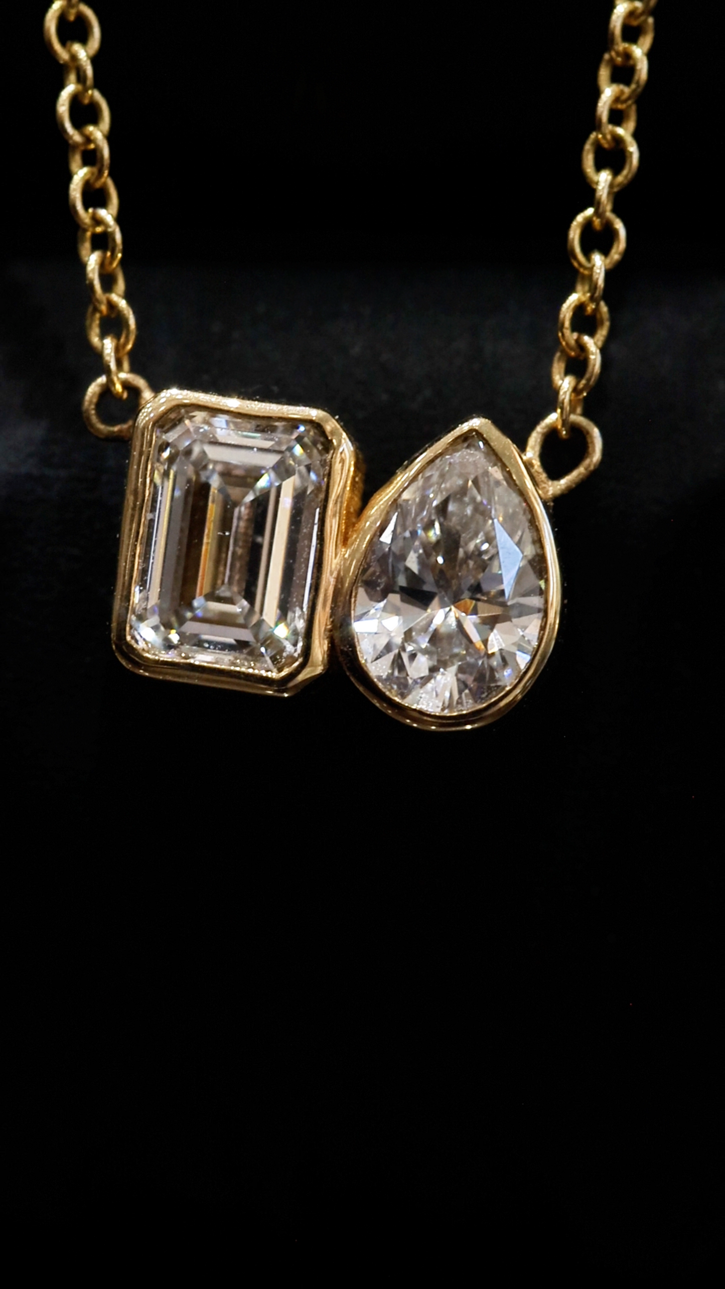 Natural Diamond Duo Pendant Necklace in Yellow Gold | Emerald & Pear Bezel Design