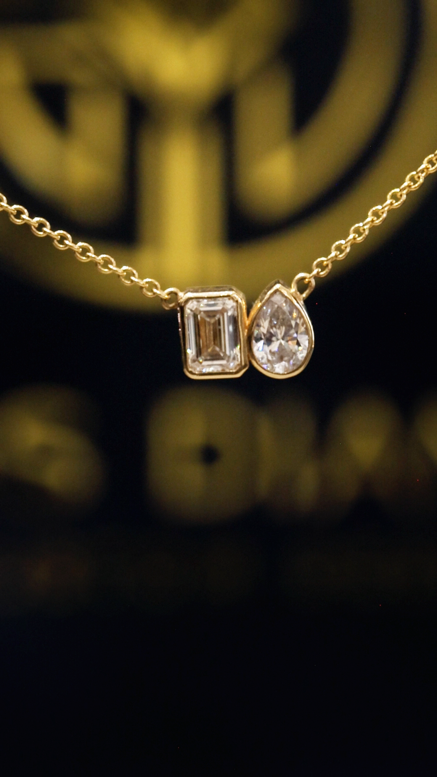 Natural Diamond Duo Pendant Necklace in Yellow Gold | Emerald & Pear Bezel Design