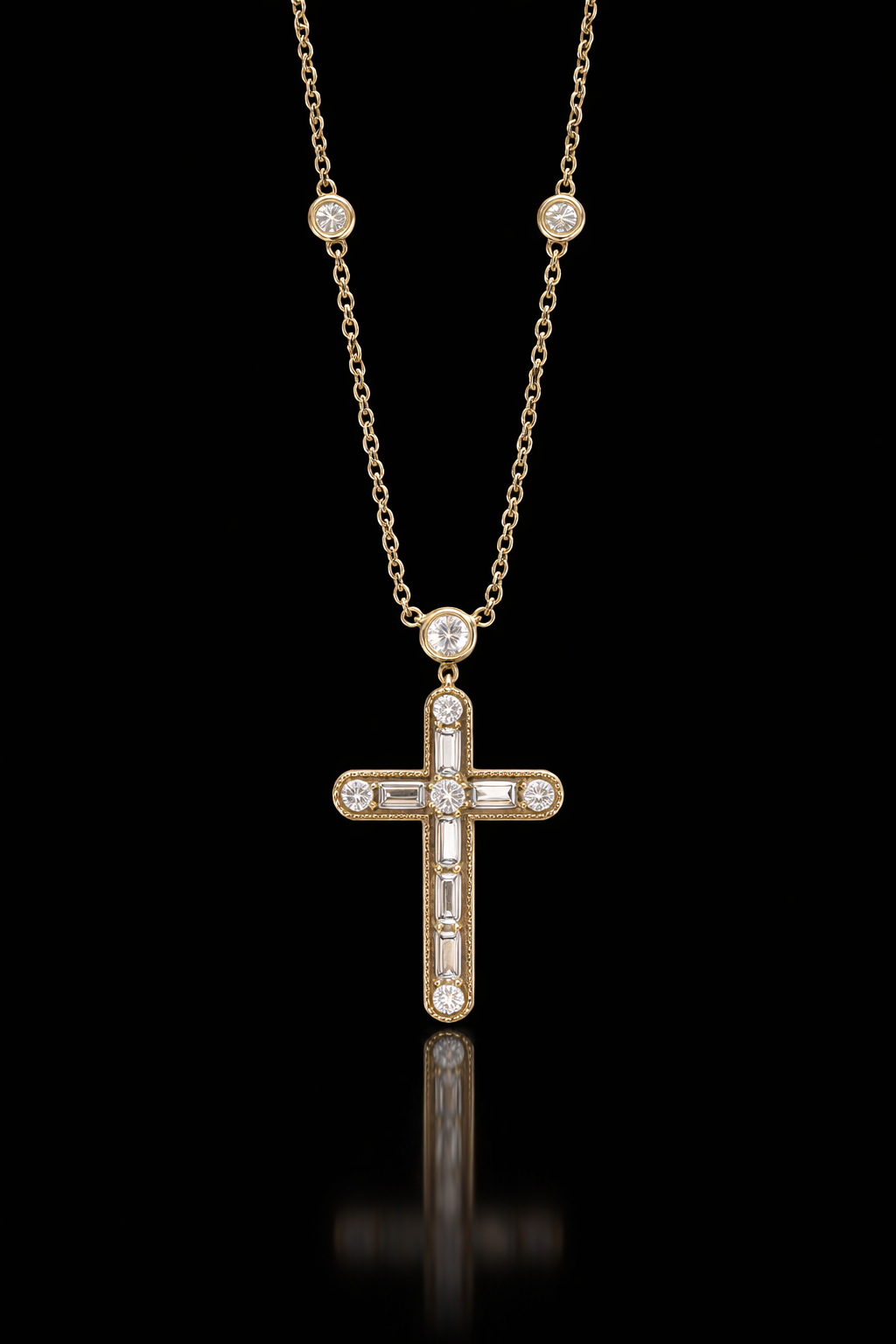 Natural Diamond Cross Pendant Necklace in 14K Yellow Gold | Round & Baguette Diamond Design