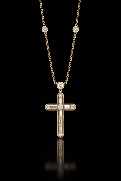 Natural Diamond Cross Pendant Necklace in 14K Yellow Gold | Round & Baguette Diamond Design