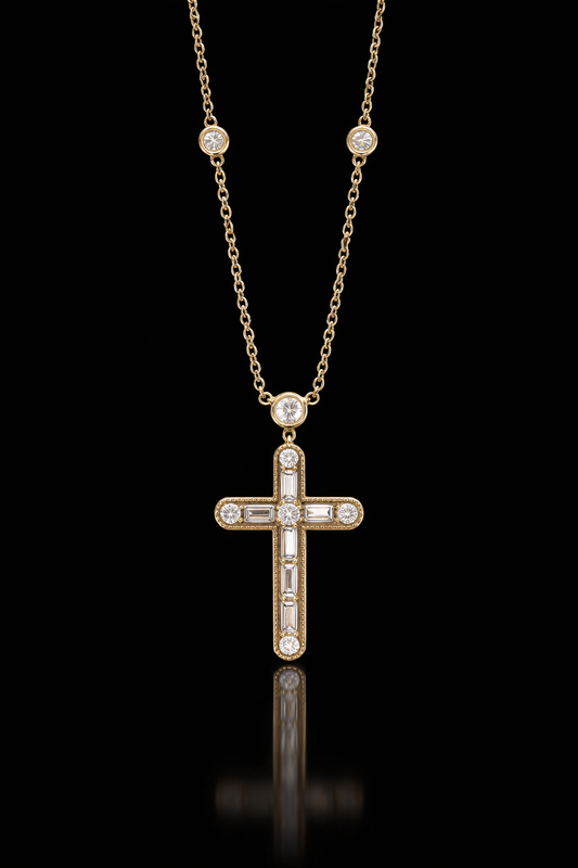 Natural Diamond Cross Pendant Necklace in 14K Yellow Gold | Round & Baguette Diamond Design