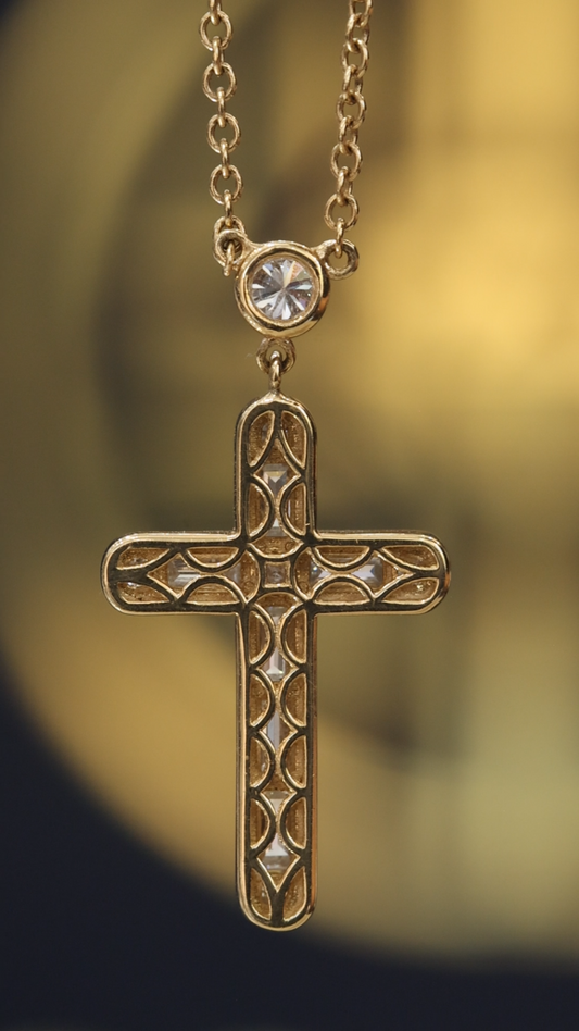 Natural Diamond Cross Pendant Necklace in 14K Yellow Gold | Round & Baguette Diamond Design
