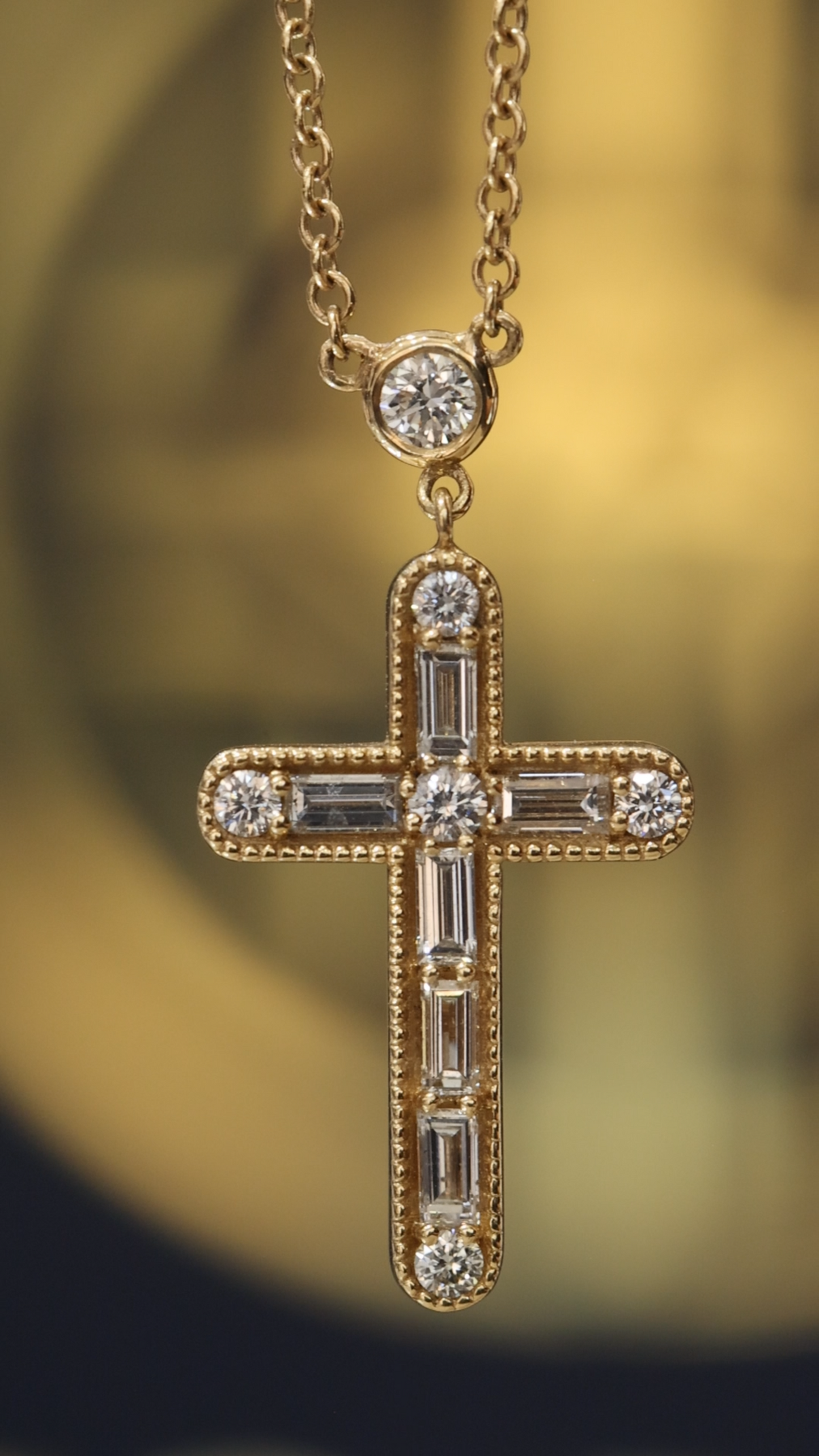 Natural Diamond Cross Pendant Necklace in 14K Yellow Gold | Round & Baguette Diamond Design