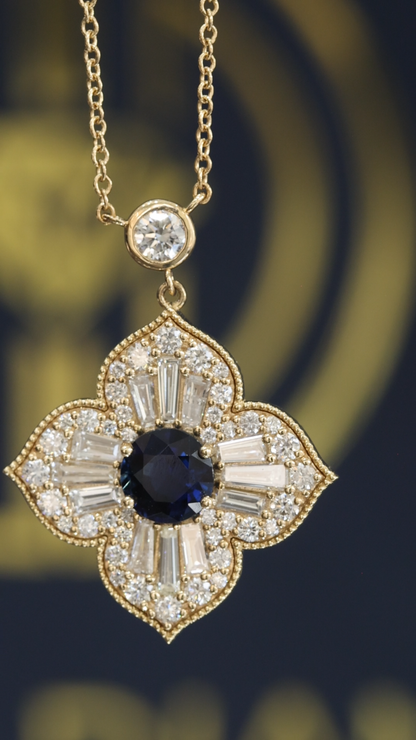 Natural Sapphire & Diamond Floral Cluster Pendant Necklace in 14K Yellow Gold | 1.74 CT Diamond Halo Design