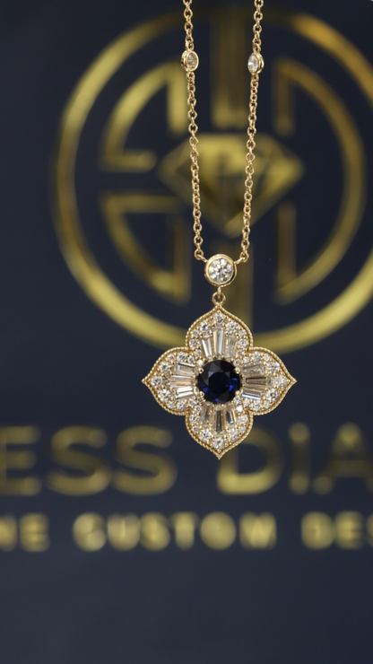 Natural Sapphire & Diamond Floral Cluster Pendant Necklace in 14K Yellow Gold | 1.74 CT Diamond Halo Design