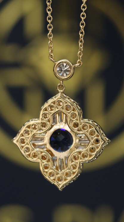 Natural Sapphire & Diamond Floral Cluster Pendant Necklace in 14K Yellow Gold | 1.74 CT Diamond Halo Design
