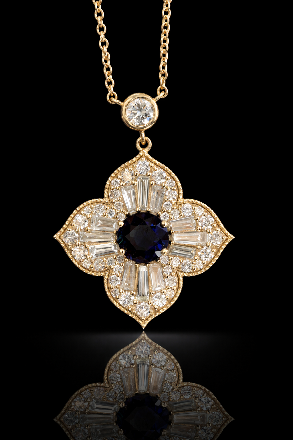 Natural Sapphire & Diamond Floral Cluster Pendant Necklace in 14K Yellow Gold | 1.74 CT Diamond Halo Design