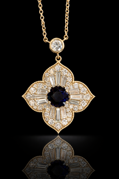 Natural Sapphire & Diamond Floral Cluster Pendant Necklace in 14K Yellow Gold | 1.74 CT Diamond Halo Design