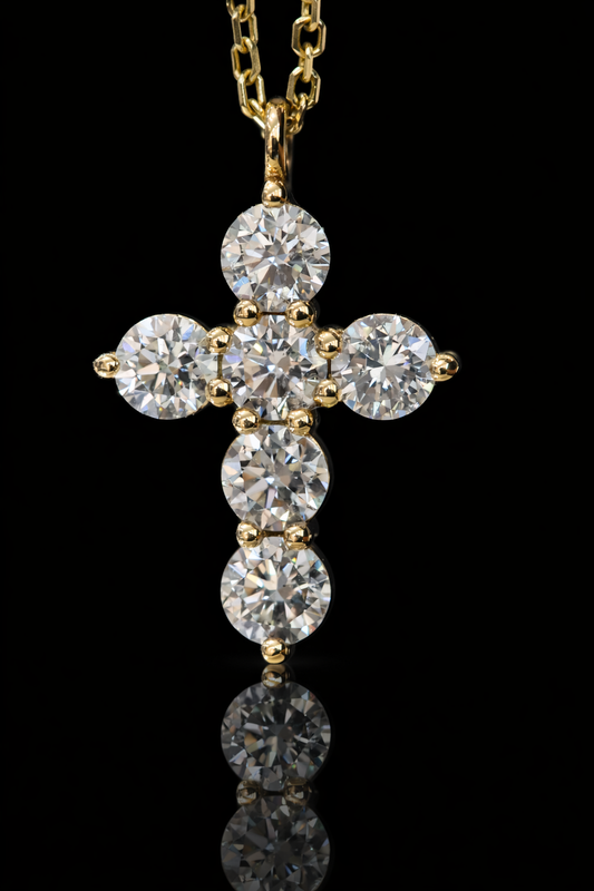 Natural Round Diamond Cross Necklace in 14K Yellow Gold | Classic Prong Set Design