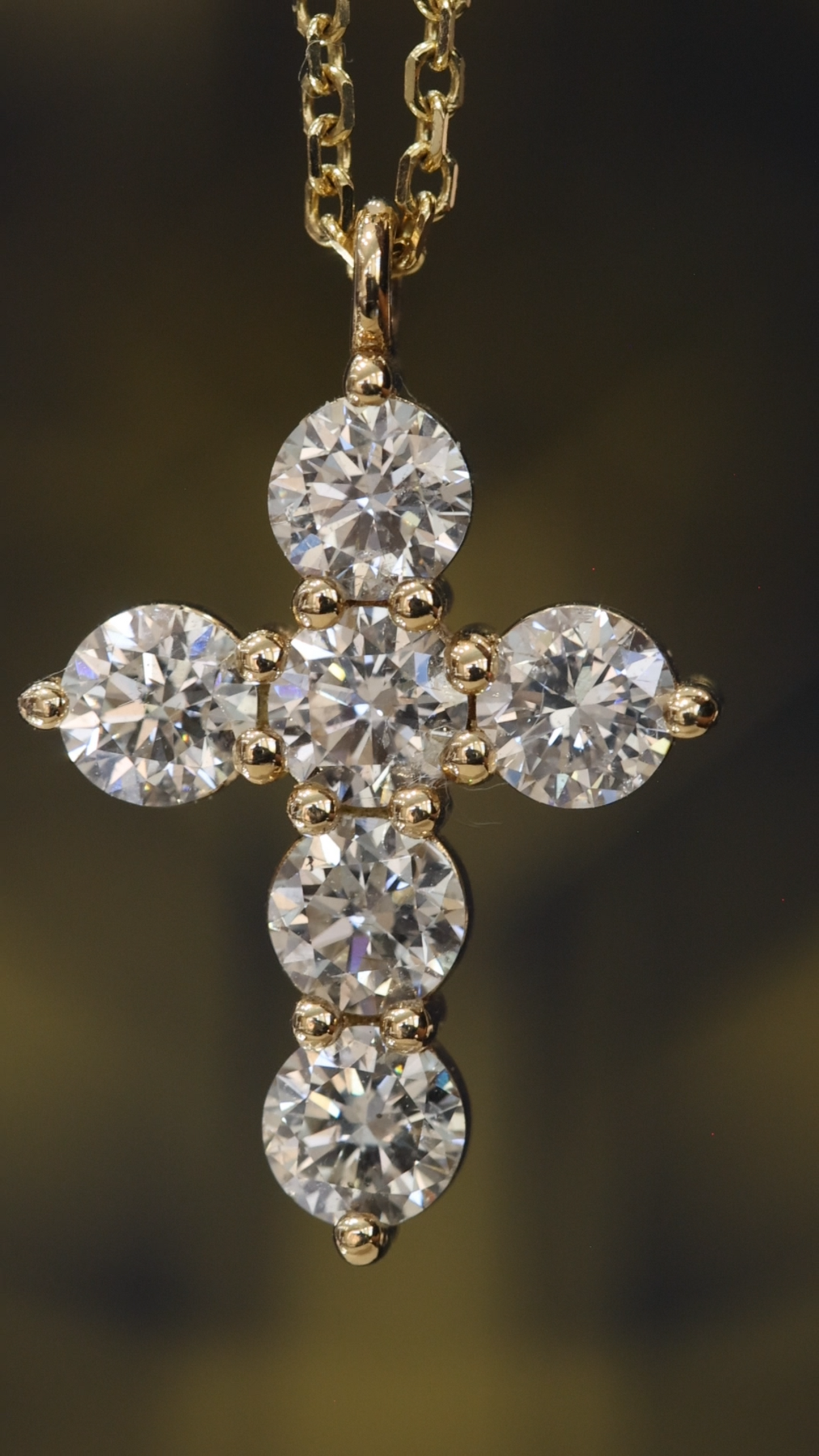 Natural Round Diamond Cross Necklace in 14K Yellow Gold | Classic Prong Set Design