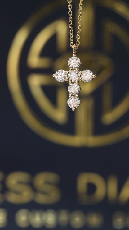 Natural Round Diamond Cross Necklace in 14K Yellow Gold | Classic Prong Set Design