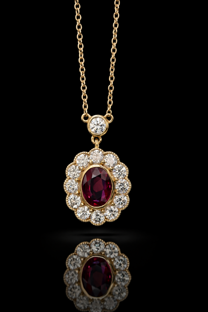 Natural Ruby & Diamond Halo Pendant Necklace in 14K Yellow Gold | Oval Ruby with Round Brilliant Diamond Frame