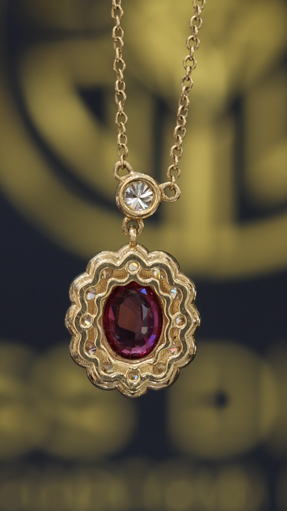 Natural Ruby & Diamond Halo Pendant Necklace in 14K Yellow Gold | Oval Ruby with Round Brilliant Diamond Frame
