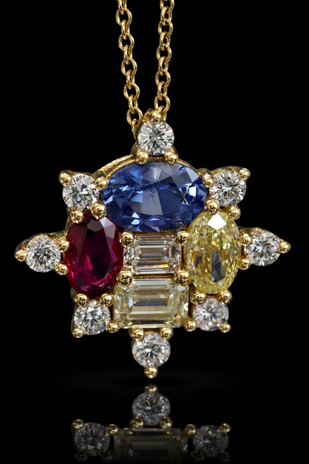Natural Multi-Gemstone & Diamond Cluster Pendant Necklace in 14K Yellow Gold | Sapphire, Ruby & Fancy Yellow Diamond Design