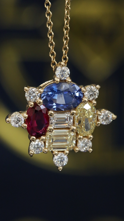 Natural Multi-Gemstone & Diamond Cluster Pendant Necklace in 14K Yellow Gold | Sapphire, Ruby & Fancy Yellow Diamond Design