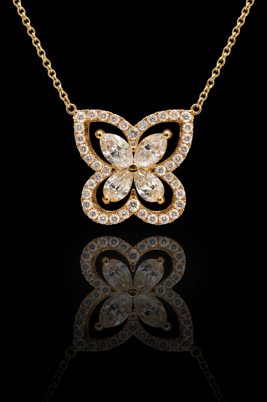 Natural Diamond Butterfly Necklace in Yellow Gold | Double Halo Design