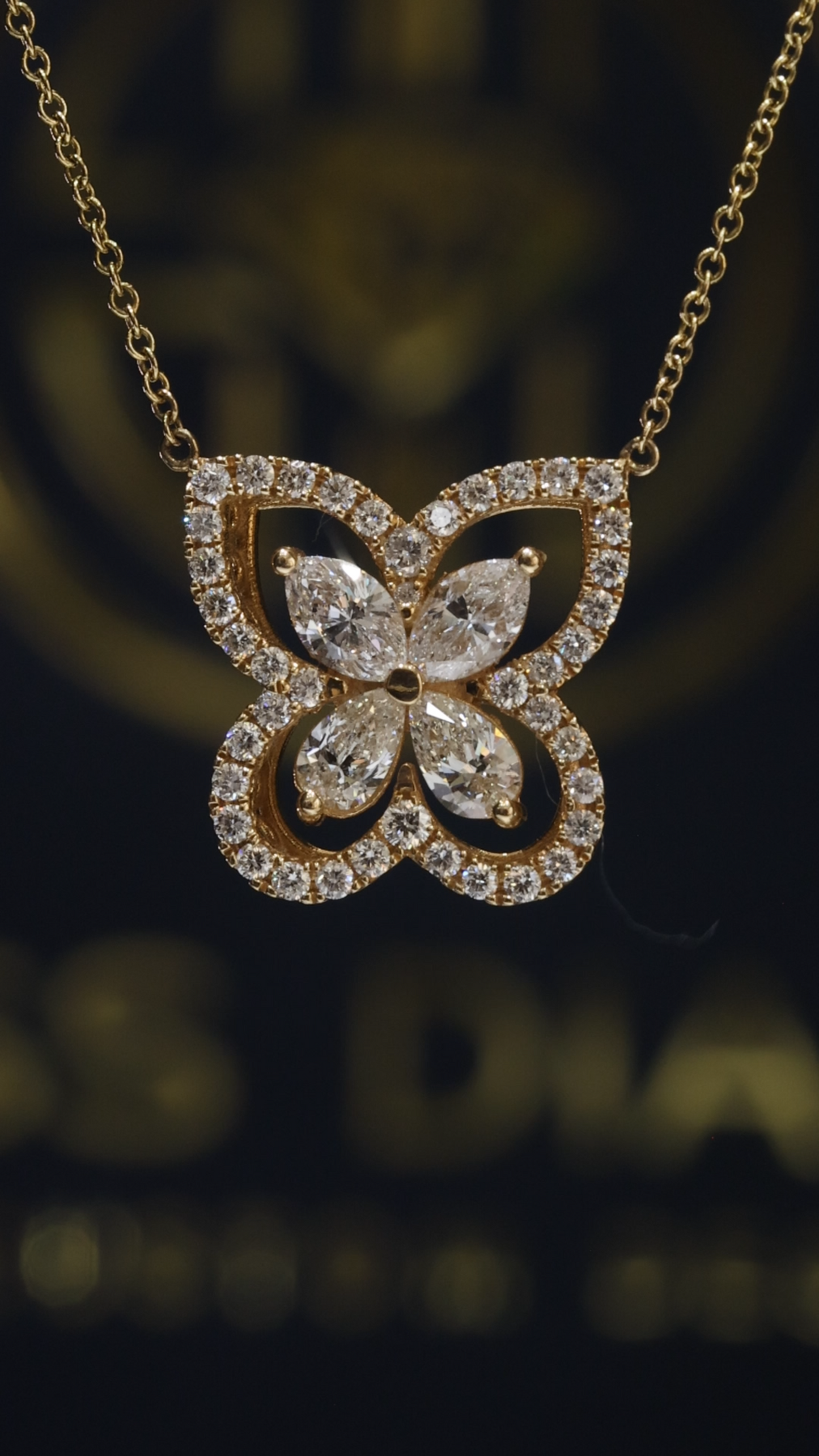 Natural Diamond Butterfly Necklace in Yellow Gold | Double Halo Design