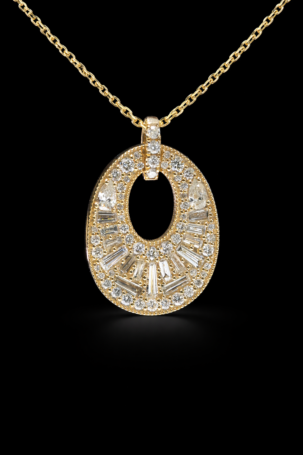 Natural Diamond Open Oval Pendant Necklace in Yellow Gold | Baguette Halo Design
