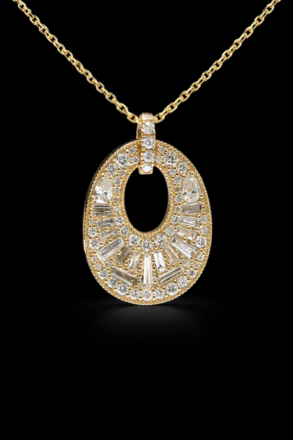 Natural Diamond Open Oval Pendant Necklace in Yellow Gold | Baguette Halo Design