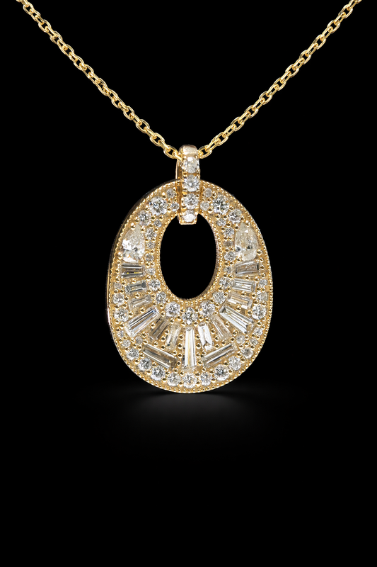 Natural Diamond Open Oval Pendant Necklace in Yellow Gold | Baguette Halo Design