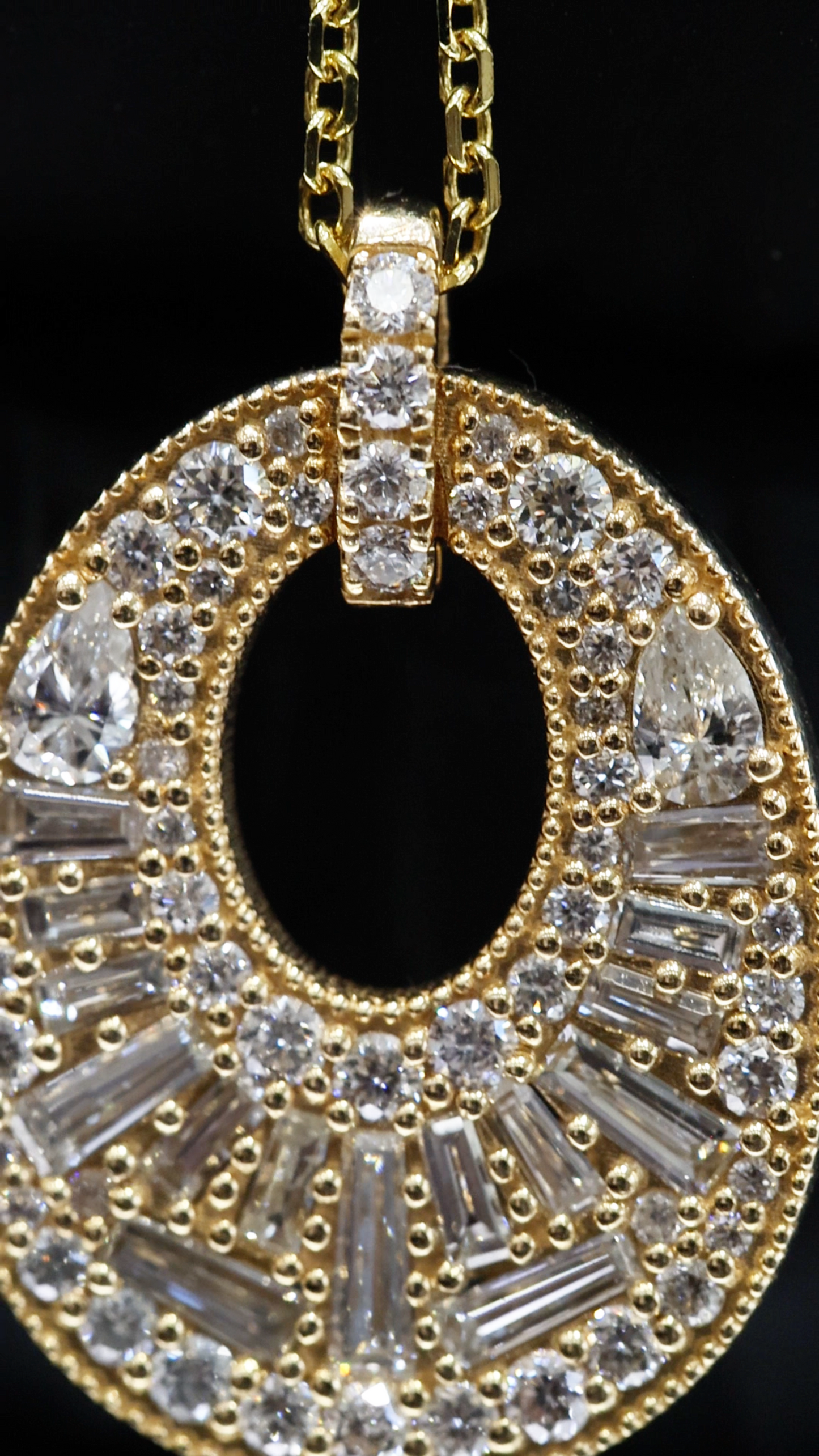 Natural Diamond Open Oval Pendant Necklace in Yellow Gold | Baguette Halo Design