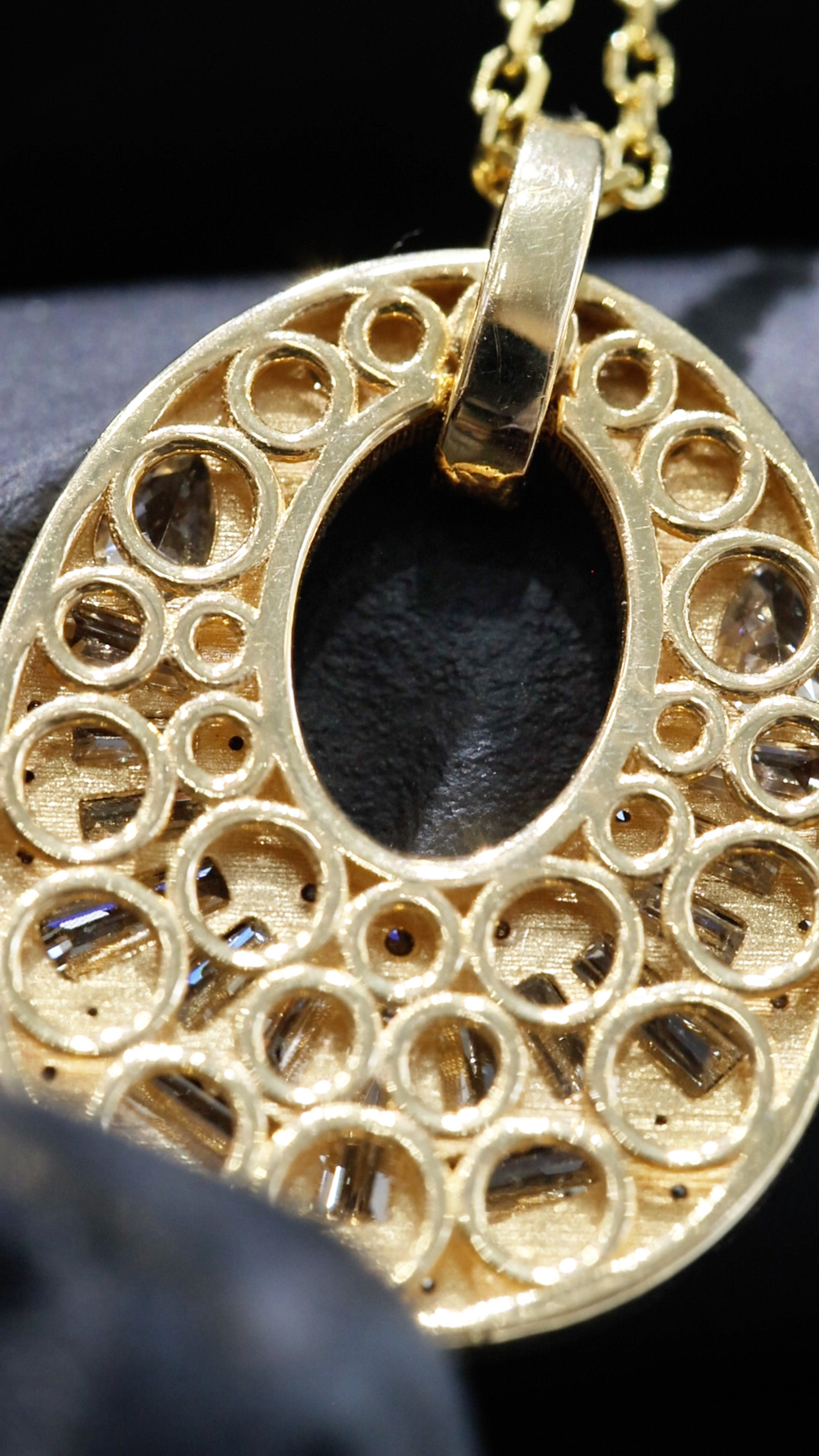 Natural Diamond Open Oval Pendant Necklace in Yellow Gold | Baguette Halo Design