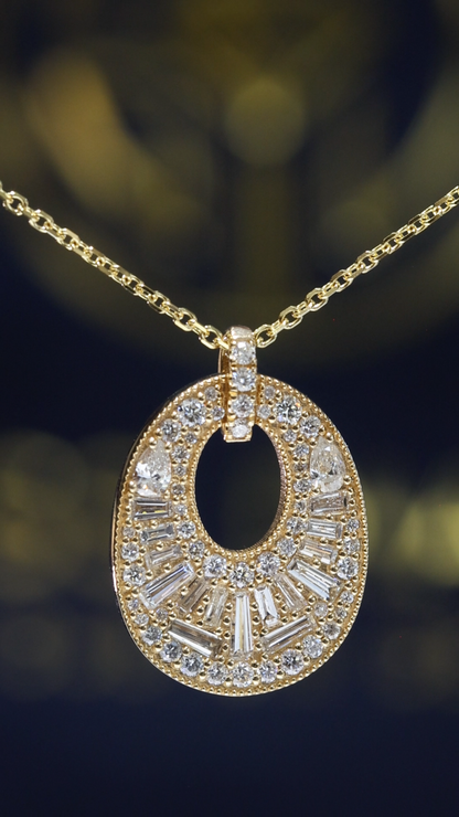 Natural Diamond Open Oval Pendant Necklace in Yellow Gold | Baguette Halo Design
