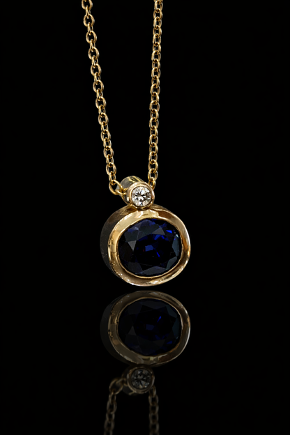 Natural Blue Sapphire Bezel Pendant Necklace with Diamond Accent in 14K Yellow Gold | Modern Minimalist Design