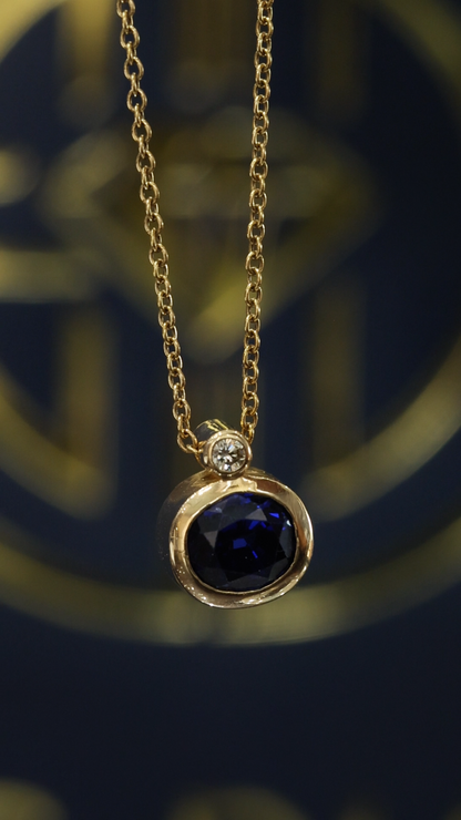 Natural Blue Sapphire Bezel Pendant Necklace with Diamond Accent in 14K Yellow Gold | Modern Minimalist Design