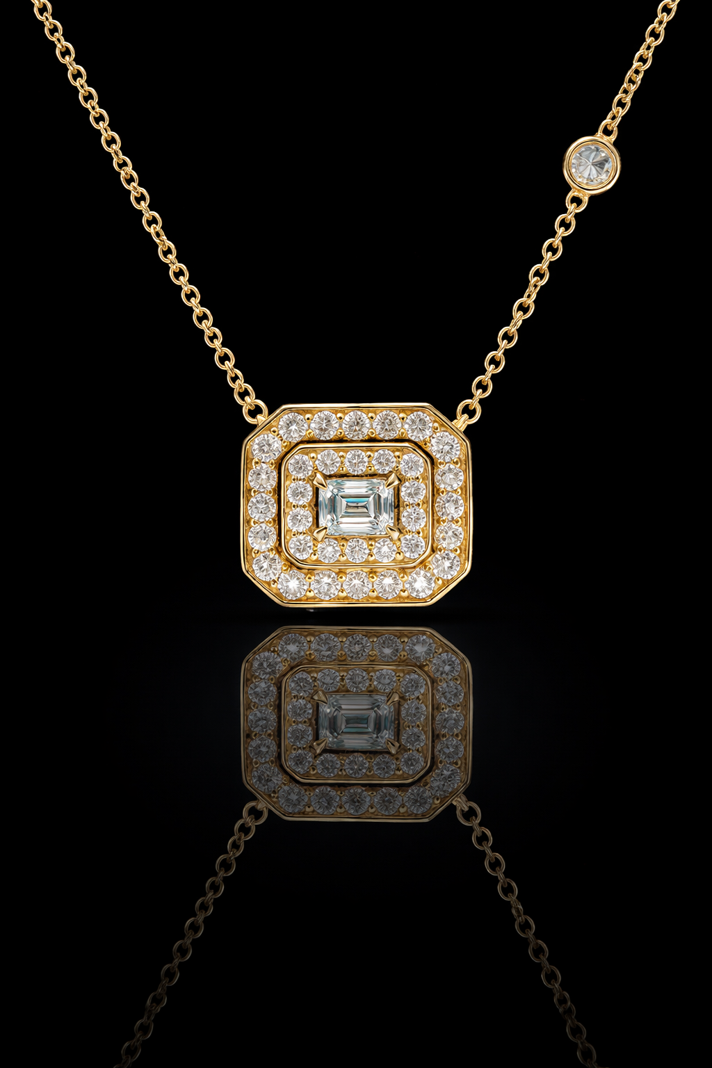 Emerald-Cut Diamond Double Halo Necklace in Yellow Gold | Square Halo Design