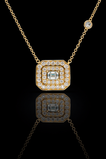 Emerald-Cut Diamond Double Halo Necklace in Yellow Gold | Square Halo Design