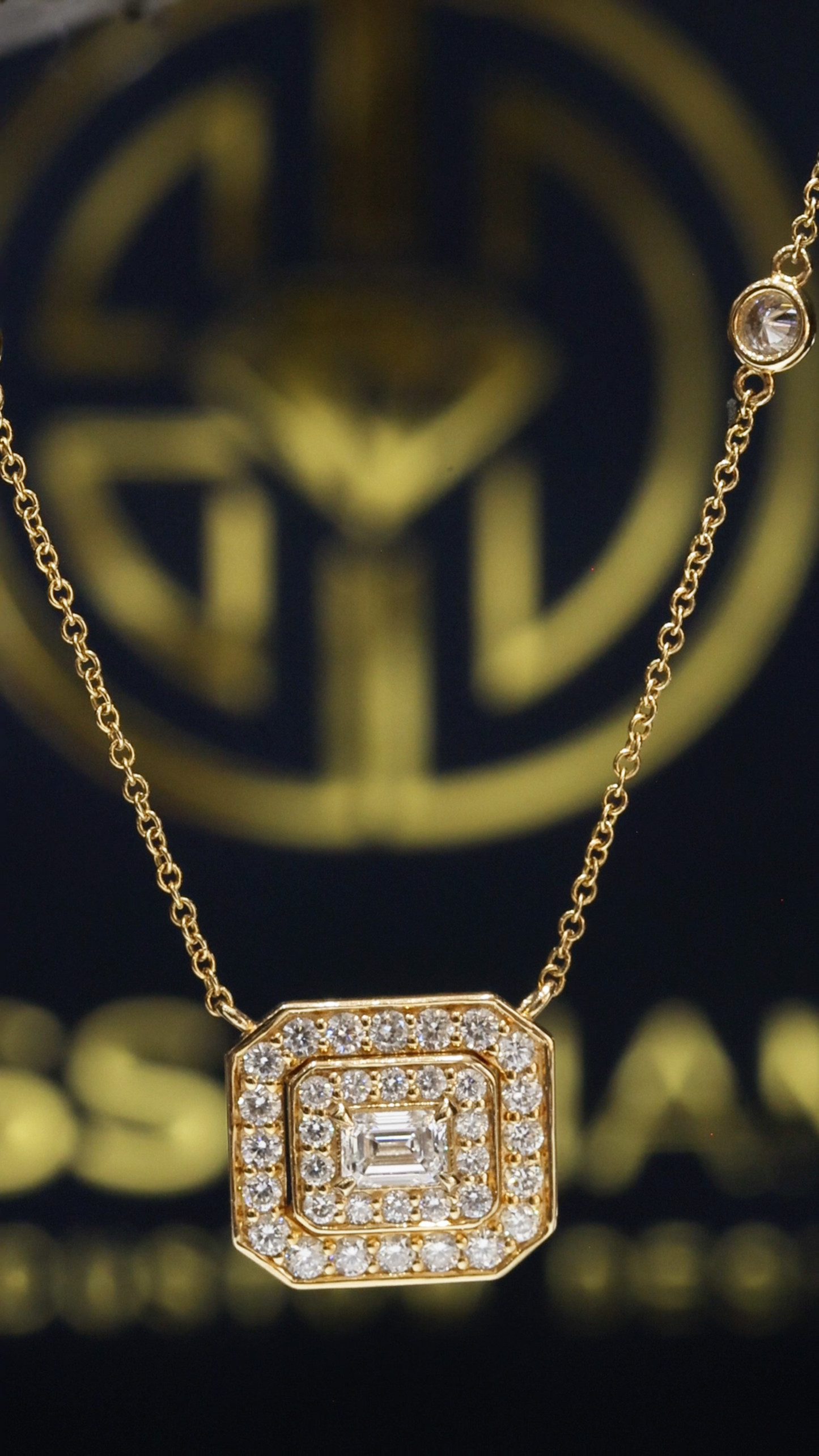Emerald-Cut Diamond Double Halo Necklace in Yellow Gold | Square Halo Design