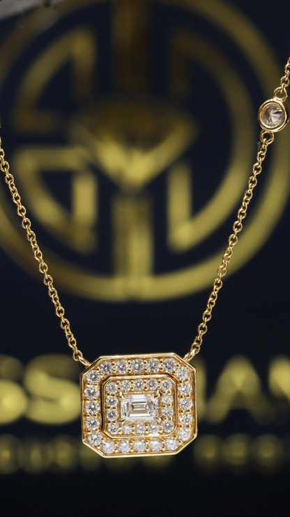 Emerald-Cut Diamond Double Halo Necklace in Yellow Gold | Square Halo Design